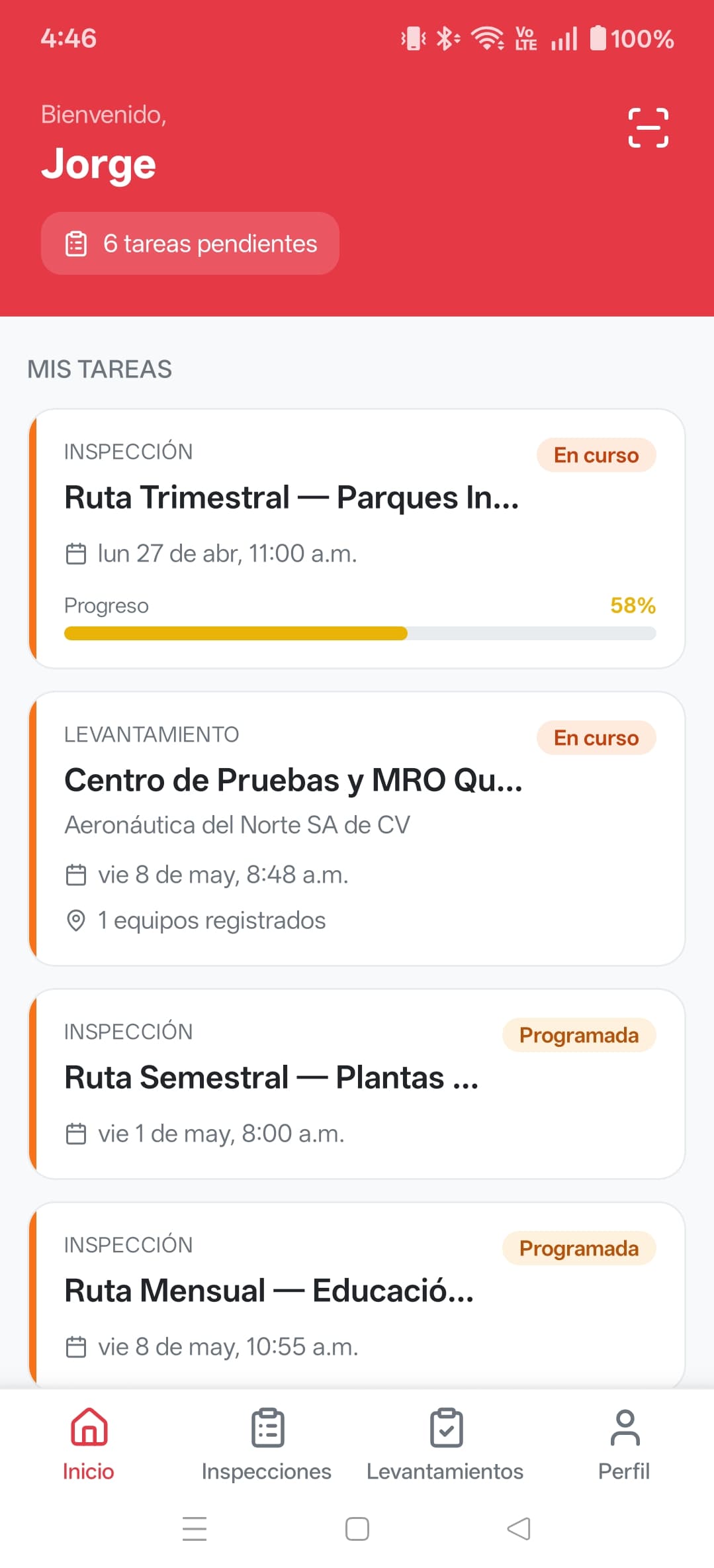 App móvil de Flamitek — visitas del inspector